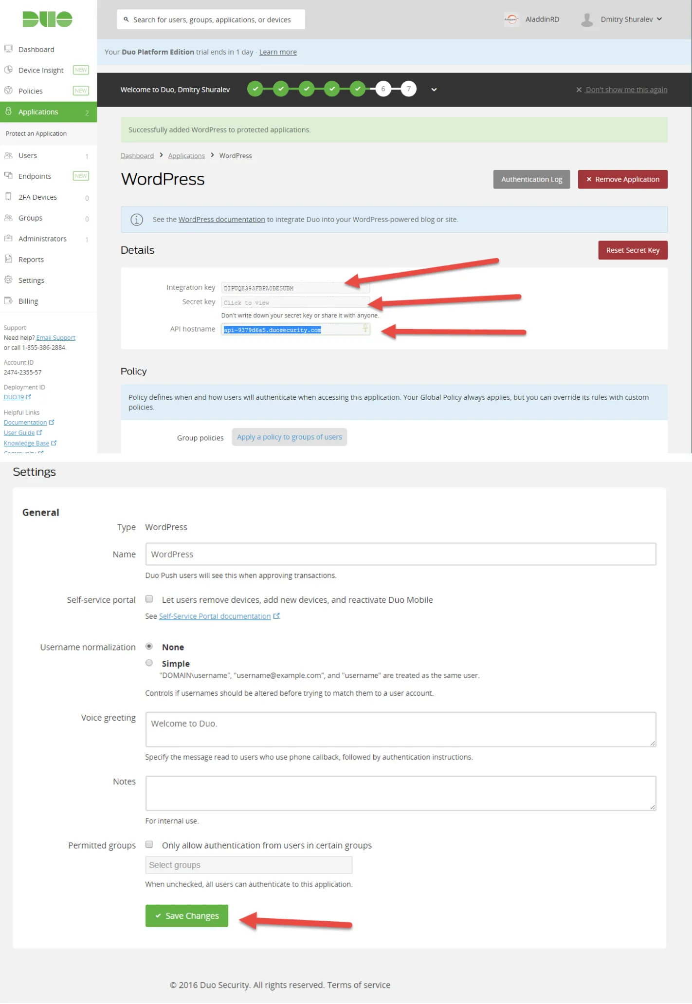 Integration Key, Secret Key и API Hostname