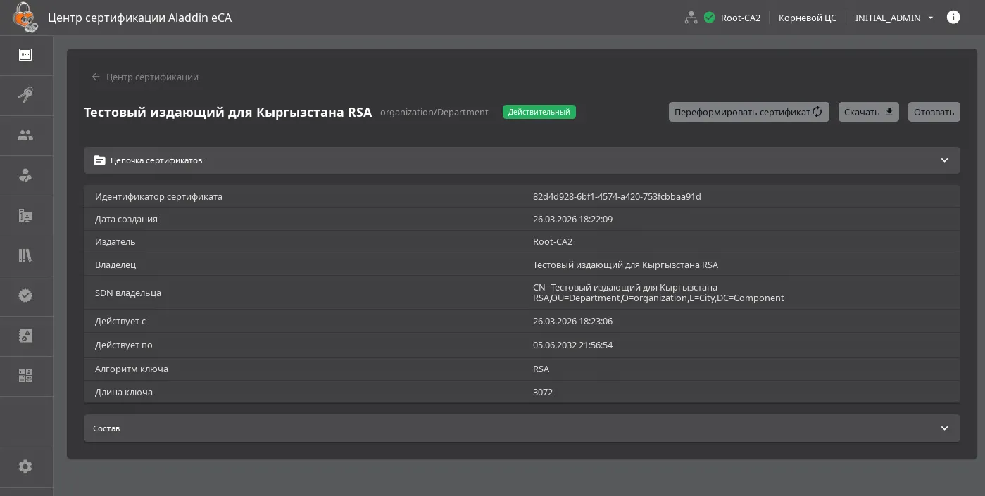 Карточка сертификата Подчинённого Центра сертификации