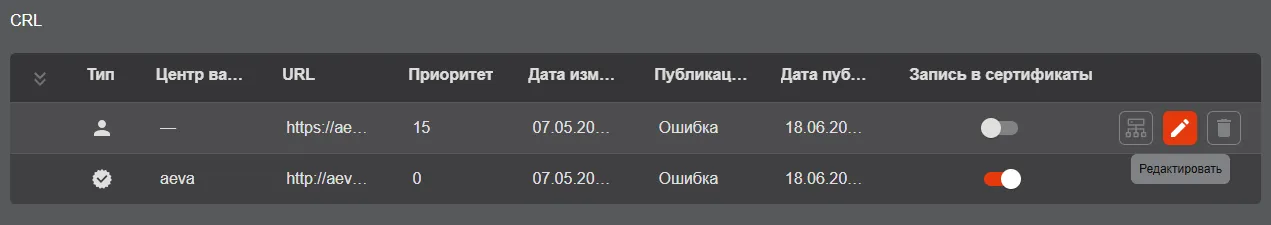 Инициализация процесса редактирования пользовательской точки распространения