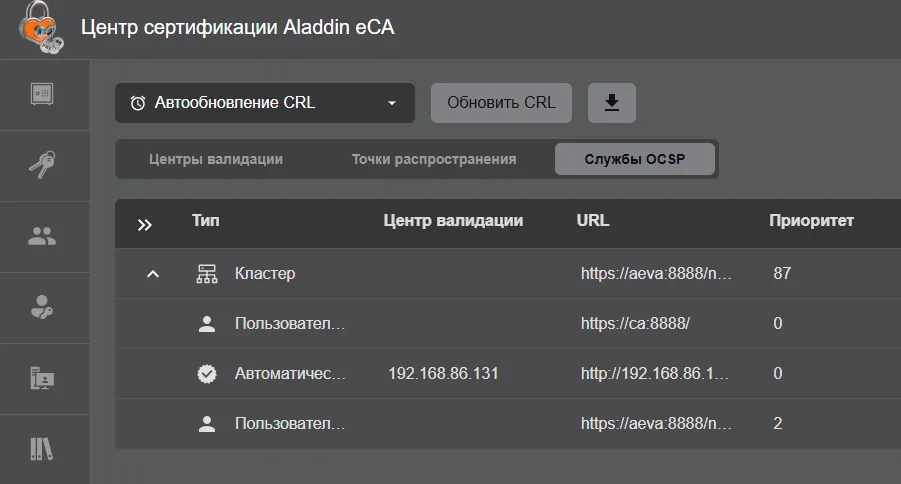 Просмотр состава кластера служб OCSP