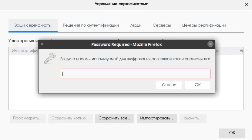 Окно ввода пароля контейнера
