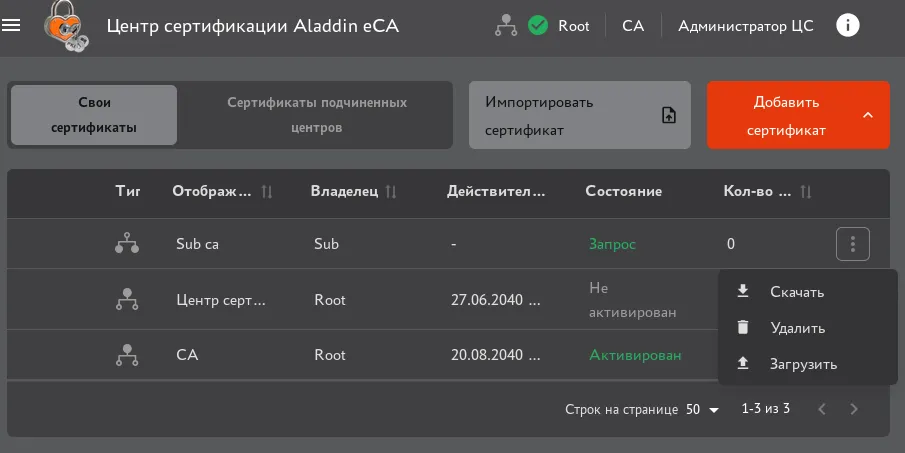Скачивание запроса на сертификат