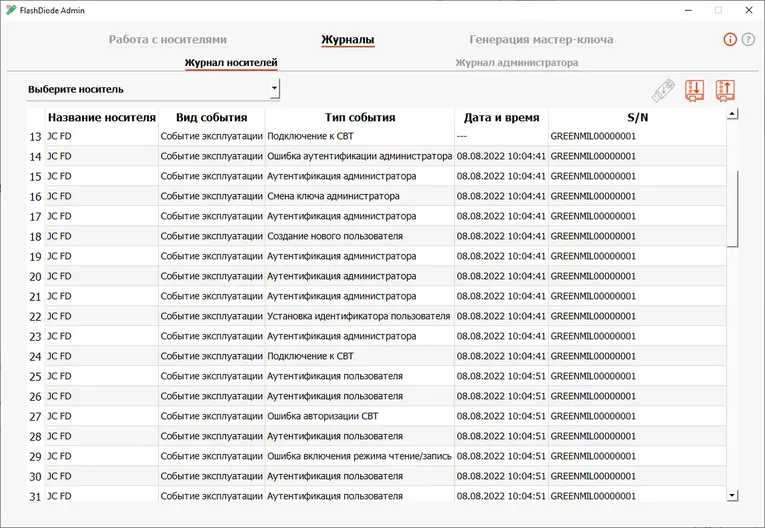 Окно работы с журналами носителей