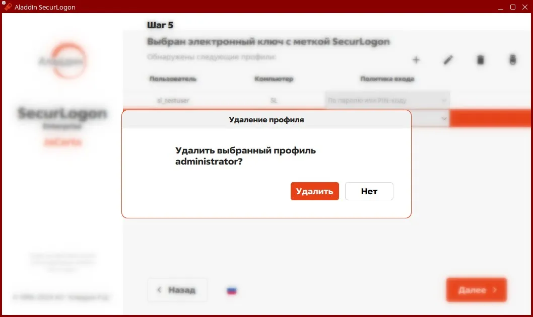 Окно подтверждения удаления профиля пользователя при ручном вводе пароля