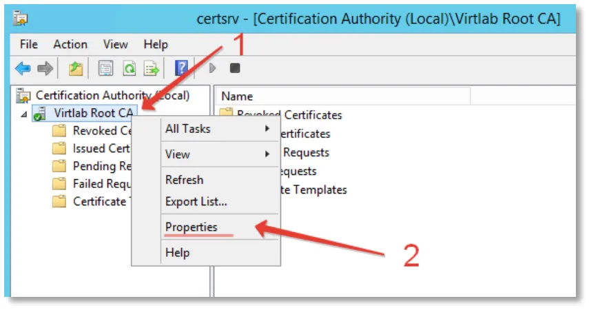 Certification Authority -> CA Name -> Properties