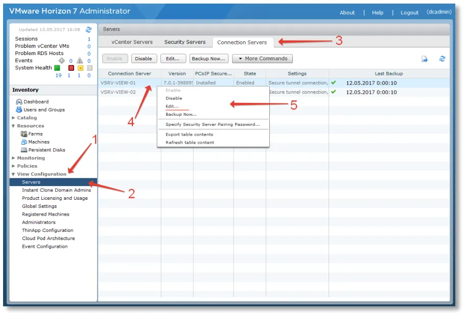 Inventory -> View Configuration -> Servers -> Connections Servers ->