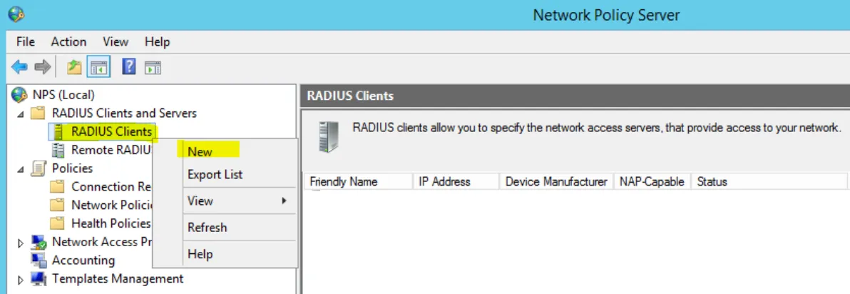 Перейдите в оснастку Network Policy Server и добавьте