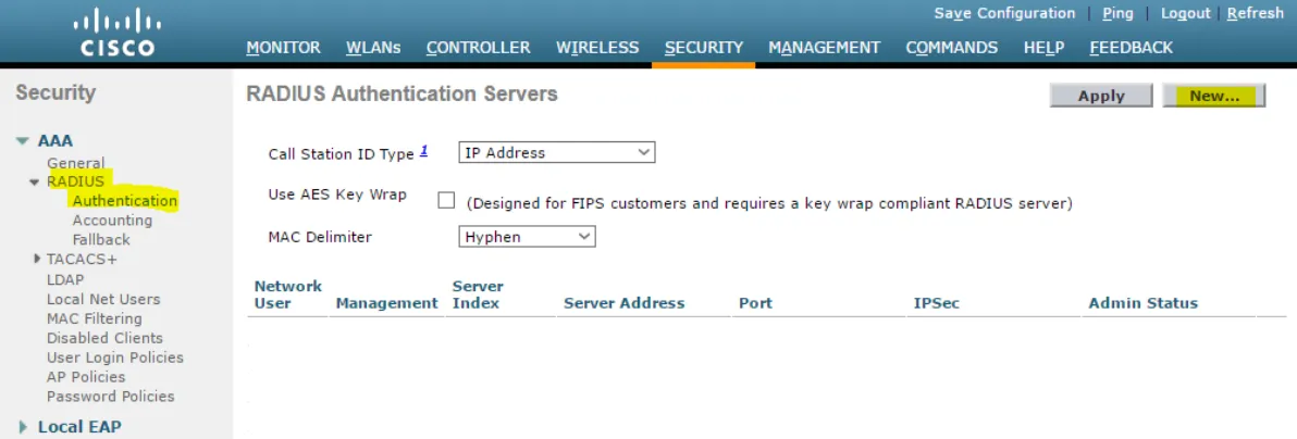 На контроллере Cisco перейдите в меню Security ->RADIUS