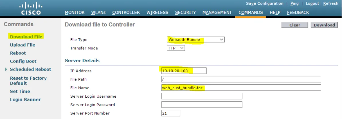 Загрузить на контроллер Cisco архив кастомизации веб-интерфейса