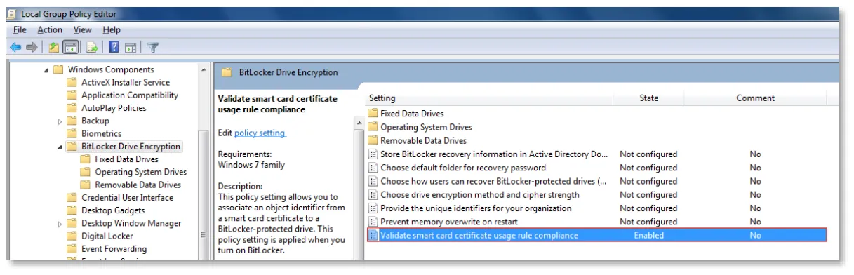 Окно «Validate smart card certificate usage rule compliance»
