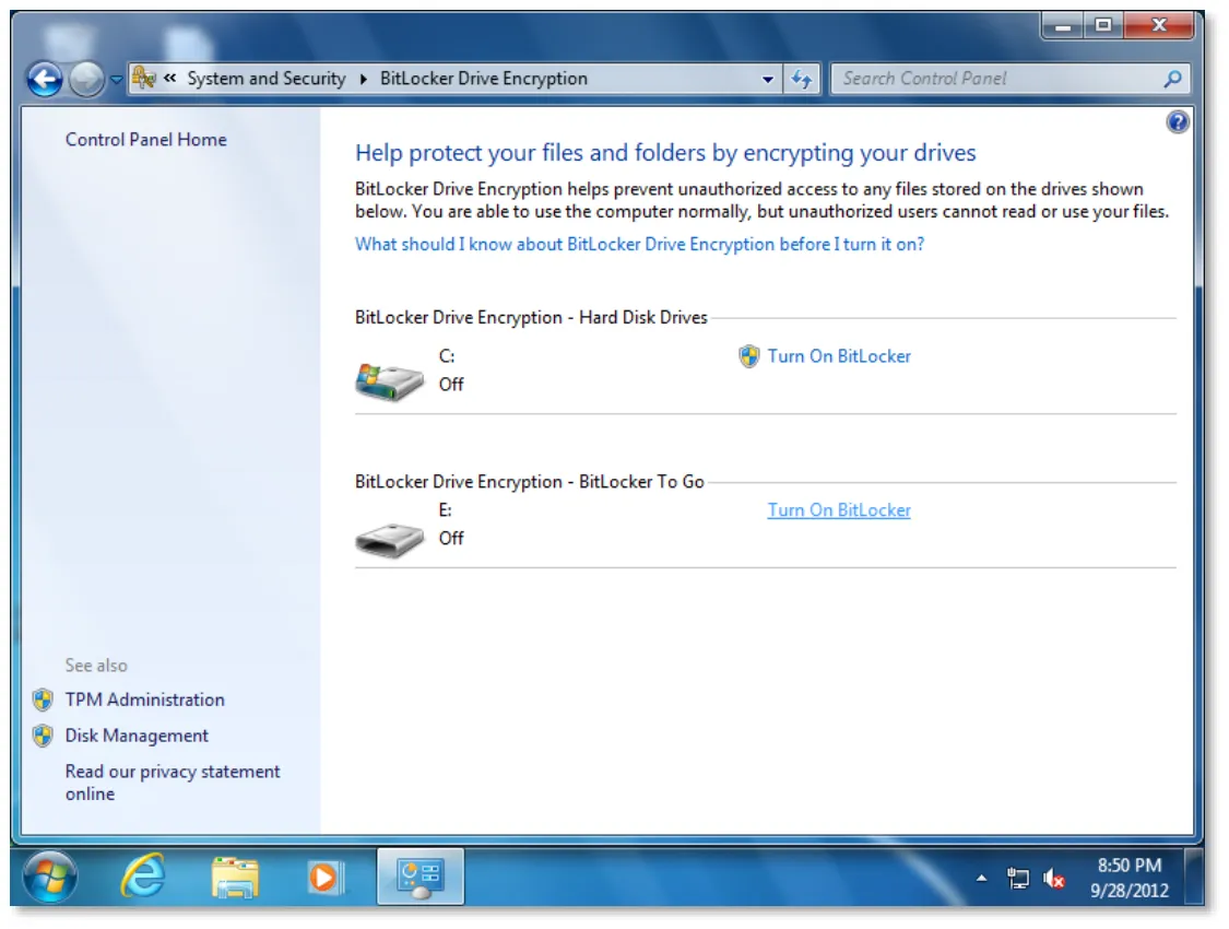 4 справа от него щёлкните Turn On BitLocker