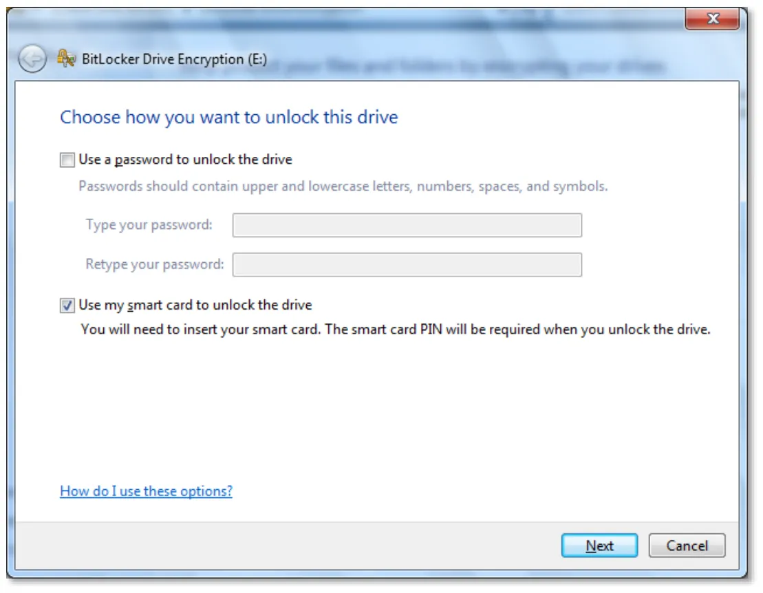 Use my smart card to unlock the drive (Использовать смарт-карту для