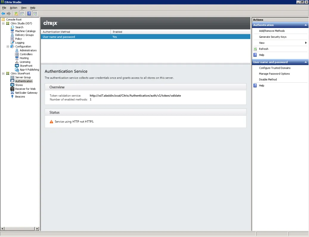Запустите Citrix Studio. Во вкладке Citrix StoreFront откройте